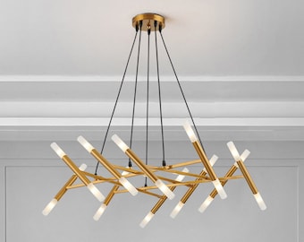 Modern Abstract Chandelier with Brass Finish and 20 Cloudy Finish Tube Shades- LED Bulbs Included