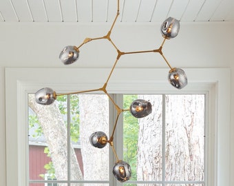 Modern Abstract 7 Arm Chandelier with Unique Glass Shades and Brushed Gold Finish, Perfect for Kitchen, Dining, Bedroom, Entryway