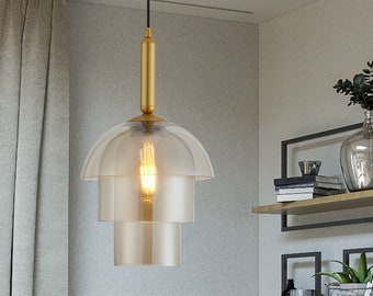 Unique Modern Glass Pendant Light with 3 Glass Shades in Amber Color