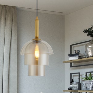 Unique Modern Glass Pendant Light with 3 Glass Shades in Amber Color