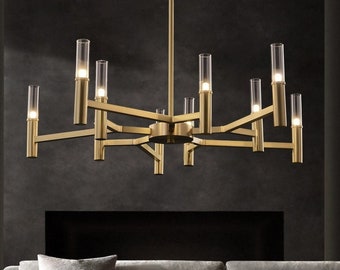Unique Modern 10 Head Chandelier- Brushed Gold Color with Luxury Glass Tube Detail
