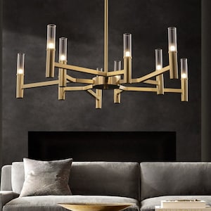 Unique Modern 10 Head Chandelier- Brushed Gold Color with Luxury Glass Tube Detail