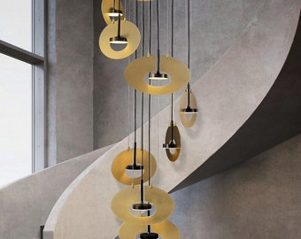 Modern Brass Abstract Chandelier- 10 Pendants with Gold Shade Detail and Adjustable Length, Perfect for Entryway, Living Room, Dining Room