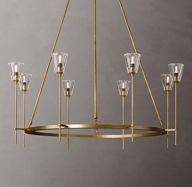 Unique Modern 8 Head Chandelier Brushed Brass/Gold Metal with Luxury Glass Shades image 2