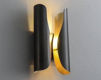 Modern Unique Gold/Black Shade Wall Sconce with Up and Down/Ambient Light, Brutalist Mid-Century Inspired,