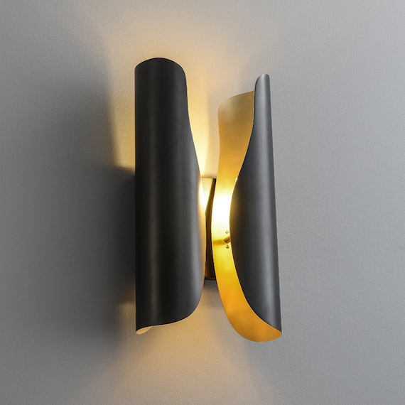 Modern Unique Gold/Black Shade Wall Sconce with Up and Down/Ambient Light, Brutalist Mid-Century Inspired,