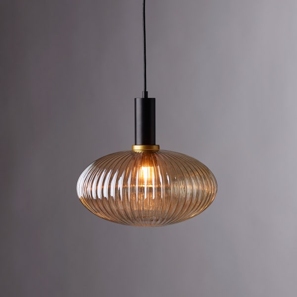 Luxury Modern Indoor Pendant Light With Ribbed Glass Texture 12"