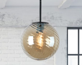 Modern Ribbed Glass Globe Pendant Light- Amber Color Glass with Adjustable Cord, Art Deco, Perfect for Kitchen, Dining, Bedroom, Entryway