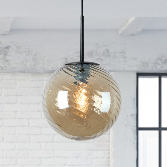 Modern Ribbed Glass Globe Pendant Light- Amber Color Glass with Adjustable Cord, Art Deco, Perfect for Kitchen, Dining, Bedroom, Entryway