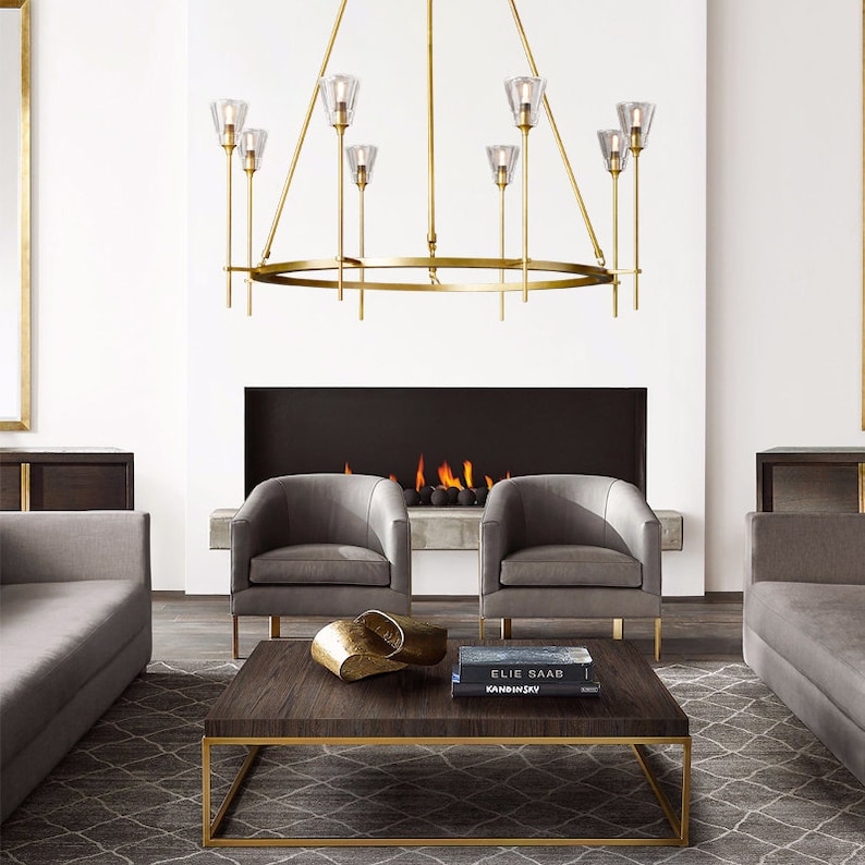 Unique Modern 8 Head Chandelier Brushed Brass/Gold Metal with Luxury Glass Shades image 5