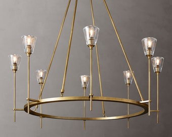 Unique Modern 8 Head Chandelier- Brushed Brass/Gold Metal with Luxury Glass Shades