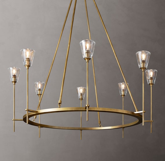 Unique Modern 8 Head Chandelier- Brushed Brass/Gold Metal with Luxury Glass Shades