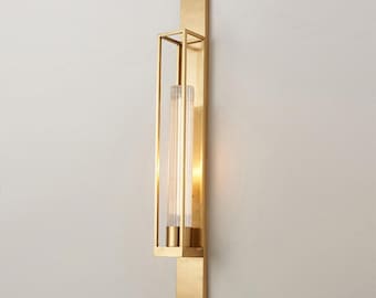 Vertical Cage Wall Sconce with Fluted Glass Shade