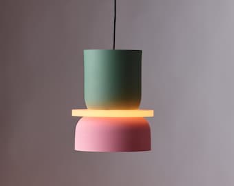 Modern Farmhouse Indoor Pendant Fixture With Pastel Finish - Cylindrical Up/Down Light Pink and Green Color