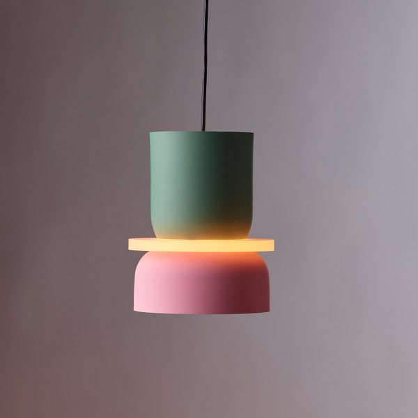 Modern Farmhouse Indoor Pendant Fixture With Pastel Finish - Cylindrical Up/Down Light Pink and Green Color