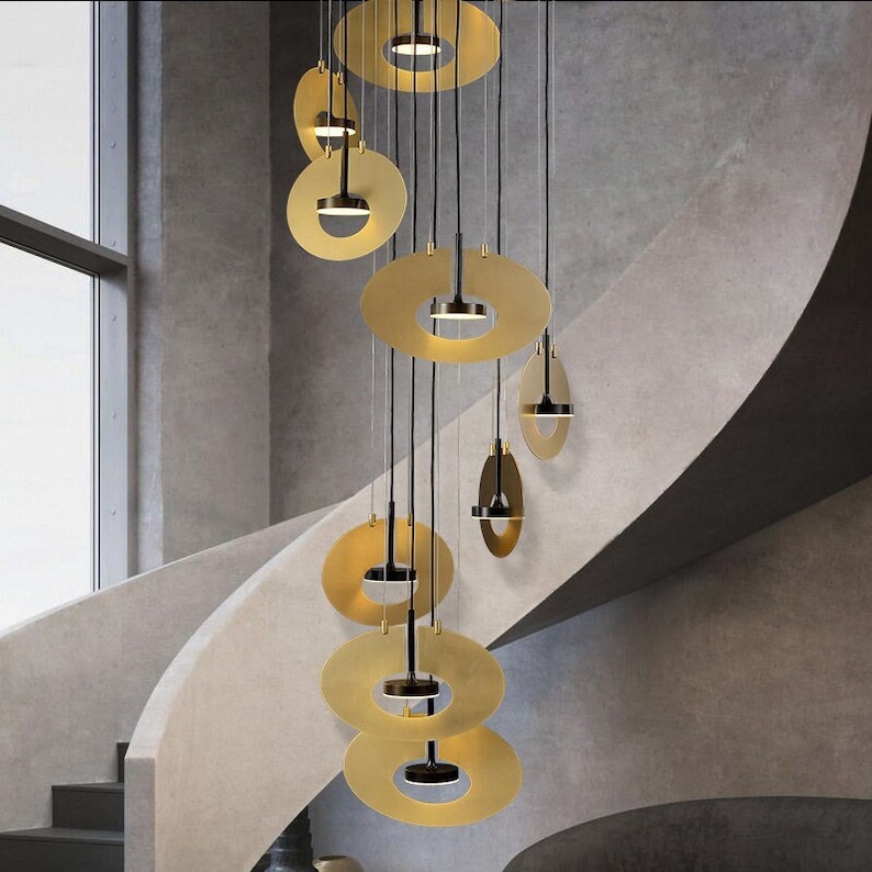 Modern Brass Abstract Chandelier 10 Pendants with Gold Shade Detail and Adjustable Length, Perfect for Entryway, Living Room, Dining Room image 1
