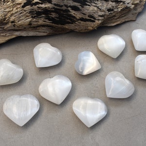 May include: Ten white selenite heart-shaped crystals on a grey surface. The crystals are smooth and have a striated texture.
