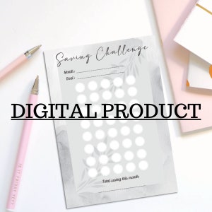 May include: A printable saving challenge tracker with a grey background and white circles. The text "Saving Challenge" is at the top of the page. The text "Month:" and "Goal:" are below the title. The text "Total saving this month" is at the bottom of the page.
