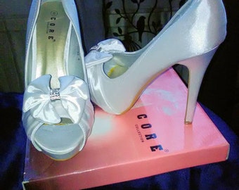 Core Bridal shoes, with open toe with satin bow and diamonte studs. 5in heels, very very small and quite narrow for Size 8, (IF US8 -  UK6)