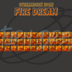 Può includere: Una collezione di icone Streamdeck con una combinazione di colori infuocati, arancione e giallo. Le icone includono loghi di social media, piattaforme di streaming e altri simboli di utilità. Il testo "STREAMDECK ICON FIRE DREAM" è visualizzato in alto.