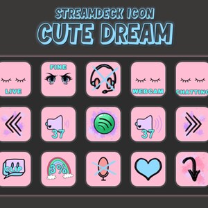 Può includere: Un set di 16 icone Stream Deck rosa e blu con vari design, tra cui occhi, cuffie, un microfono, un cuore e frecce. Il testo "STREAMDECK ICON CUTE DREAM" è in cima all'immagine.