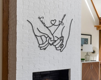 Personalized Metal Wall Art for Valentine's Day Gift, Metal Wall Decor with Name, Love Line, Couple Holding Hands Calligraphy
