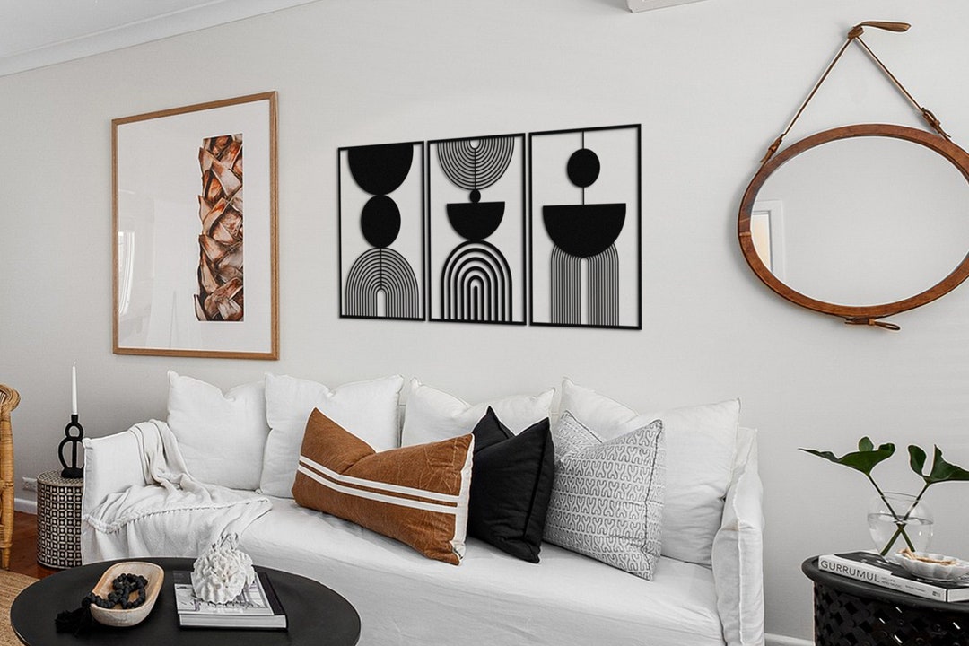 Mid Century Modern Wall Art Set of 3, Neutral Abstract Geometric Home ...