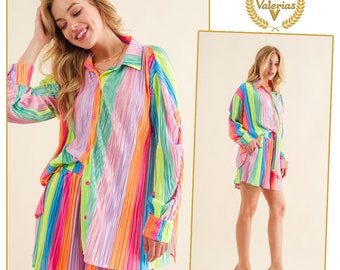 Press Pleated Plisse Button Up Rainbow Shirt with Matching Elastic Shorts