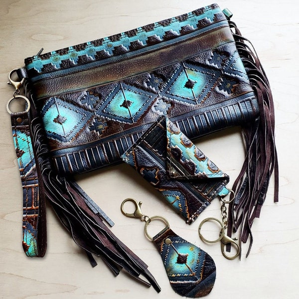 Handmade Blue Navajo Genuine Leather Embossed Fringe Clutch Handbag with Key Chain and Wallet Set