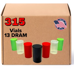 May include: A cardboard box with the text "315 Vials 13 DRAM" printed on the front. The box contains a variety of small plastic vials with different coloured lids, including green, red, clear, and black.