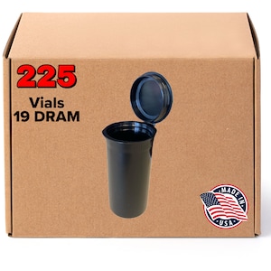 May include: A cardboard box with the text "225 Vials 19 DRAM" in red and black. A black vial with a lid is open, revealing the inside. A "Made in USA" sticker is on the box.