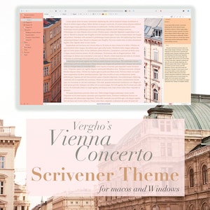 Puede incluir: Un tema Scrivener rosa y blanco para macOS y Windows llamado "Vergho's Vienna Concerto". El tema presenta una foto de un edificio en Viena, Austria.