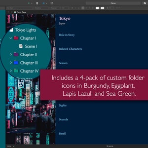 Pu&ograve; includere: Uno screenshot di uno schermo di progettazione digitale che mostra un'icona di cartella con il testo "Tokyo Lights" e un elenco di capitoli. L'icona della cartella &egrave; di colore bordeaux. Lo sfondo &egrave; di colore blu scuro. Il testo "Includes a 4-pack of custom folder icons in Burgundy, Eggplant, Lapis Lazuli and Sea Green." &egrave; visualizzato in un riquadro rosso.