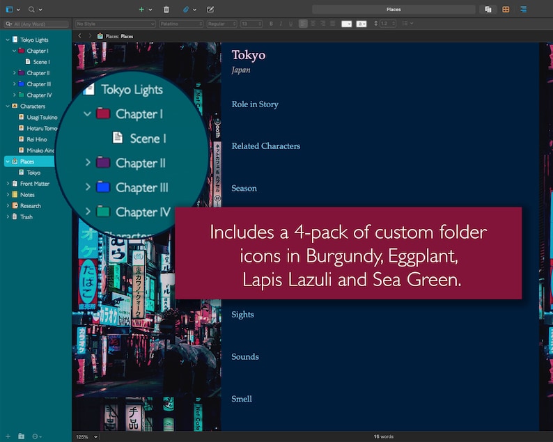 Pu&ograve; includere: Uno screenshot di uno schermo di progettazione digitale che mostra un'icona di cartella con il testo "Tokyo Lights" e un elenco di capitoli. L'icona della cartella &egrave; di colore bordeaux. Lo sfondo &egrave; di colore blu scuro. Il testo "Includes a 4-pack of custom folder icons in Burgundy, Eggplant, Lapis Lazuli and Sea Green." &egrave; visualizzato in un riquadro rosso.