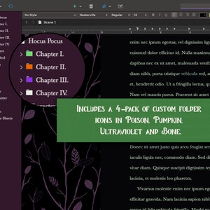 May include: A screenshot of a computer screen showing a file explorer with a folder named "Hocus Pocus" and subfolders named "Chapter I", "Chapter II", "Chapter III", and "Chapter IV". The text "INCLUDES A 4-PACK OF CUSTOM FOLDER ICONS IN POISON, PUMPKIN, ULTRAVIOLET AND BONE." is displayed in green on a dark background.