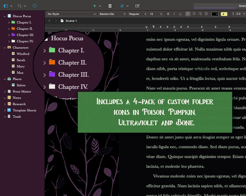 May include: A screenshot of a computer screen showing a file explorer with a folder named "Hocus Pocus" and subfolders named "Chapter I", "Chapter II", "Chapter III", and "Chapter IV". The text "INCLUDES A 4-PACK OF CUSTOM FOLDER ICONS IN POISON, PUMPKIN, ULTRAVIOLET AND BONE." is displayed in green on a dark background.