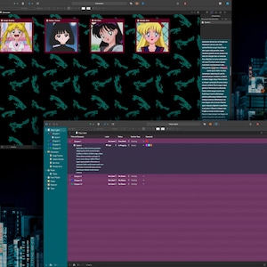 Pu&ograve; includere: Uno schermo di computer che mostra un sito web con uno sfondo nero e un motivo ripetitivo di pesci verdi. Il sito web presenta una serie di immagini di personaggi anime con capelli biondi e abiti colorati. Il sito web include anche una casella di testo con un lungo paragrafo di testo.