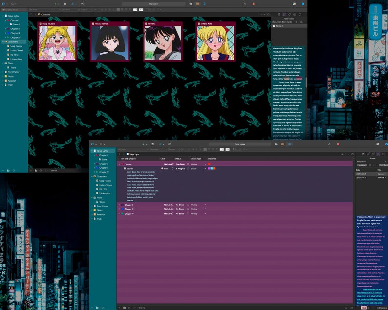 Pu&ograve; includere: Uno schermo di computer che mostra un sito web con uno sfondo nero e un motivo ripetitivo di pesci verdi. Il sito web presenta una serie di immagini di personaggi anime con capelli biondi e abiti colorati. Il sito web include anche una casella di testo con un lungo paragrafo di testo.
