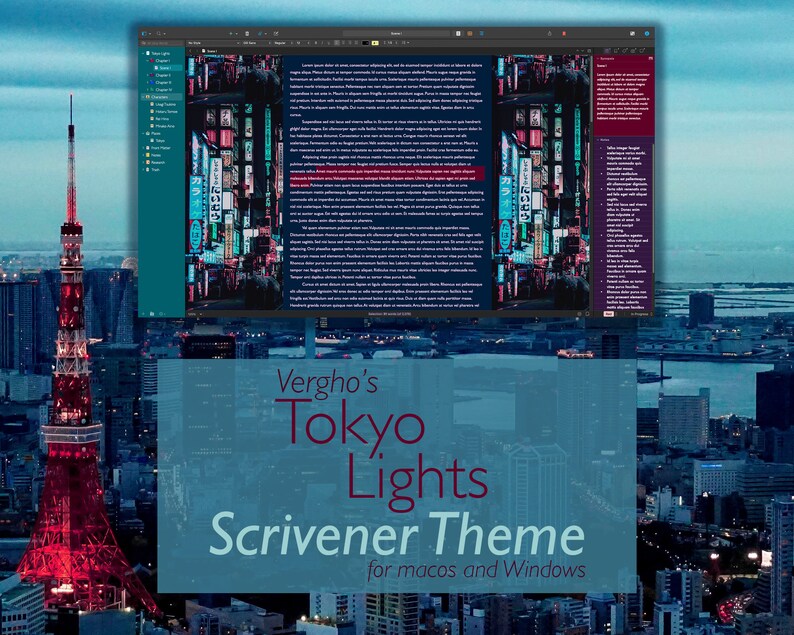Pu&ograve; includere: Uno screenshot di uno schermo di computer che mostra un tema Scrivener chiamato "Vergho's Tokyo Lights" per macOS e Windows. Il tema presenta un'immagine colorata di una strada di Tokyo di notte con luci al neon e insegne. Il testo "Vergho's Tokyo Lights Scrivener Theme for macOS and Windows" &egrave; visualizzato in una casella blu scuro nella parte inferiore dell'immagine.