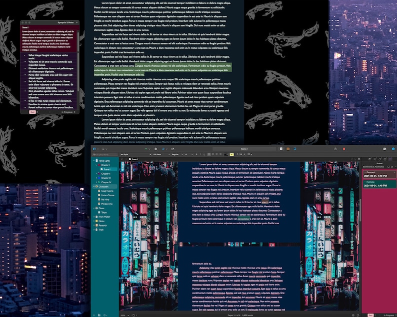 Tema Tokyo Lights per Scrivener per Mac e Windows (Modalità scura) immagine 3
