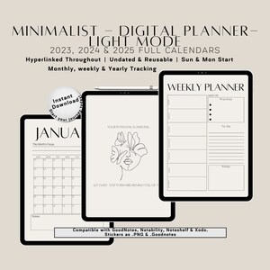 May include: Digital planner in light mode with a minimalist design. The planner includes monthly, weekly, and yearly tracking pages. The image shows a January calendar page, a weekly planner page, and a motivational quote page. The planner is compatible with GoodNotes, Notability, Noteshelf, and Xodo.