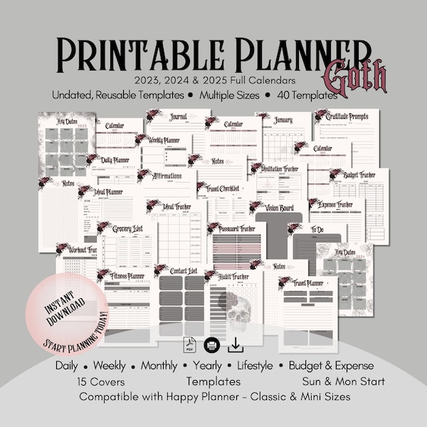 Goth Planner Gothic Planner Goth Stationary Witchy Planner Printable Daily Planner Classic Printable Happy Planner Templates Goth Journal