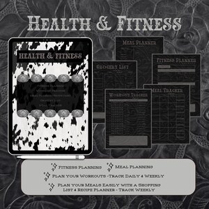 May include: A digital planner with a black and white cowhide pattern background. The planner includes sections for fitness planning, meal planning, workout tracking, meal tracking, and grocery lists. The text "HEALTH & FITNESS" is displayed at the top of the planner.