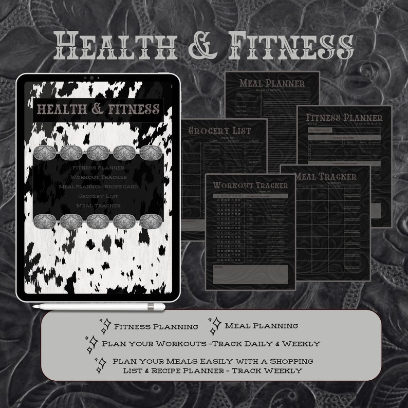 May include: A digital planner with a black and white cowhide pattern background. The planner includes sections for fitness planning, meal planning, workout tracking, meal tracking, and grocery lists. The text "HEALTH & FITNESS" is displayed at the top of the planner.