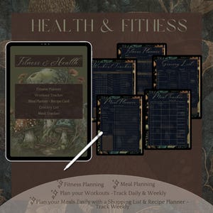 May include: A digital planner for health and fitness with a dark green background and mushroom illustrations. The planner includes sections for fitness planning, workout tracking, meal planning, recipe cards, grocery lists, and meal tracking.