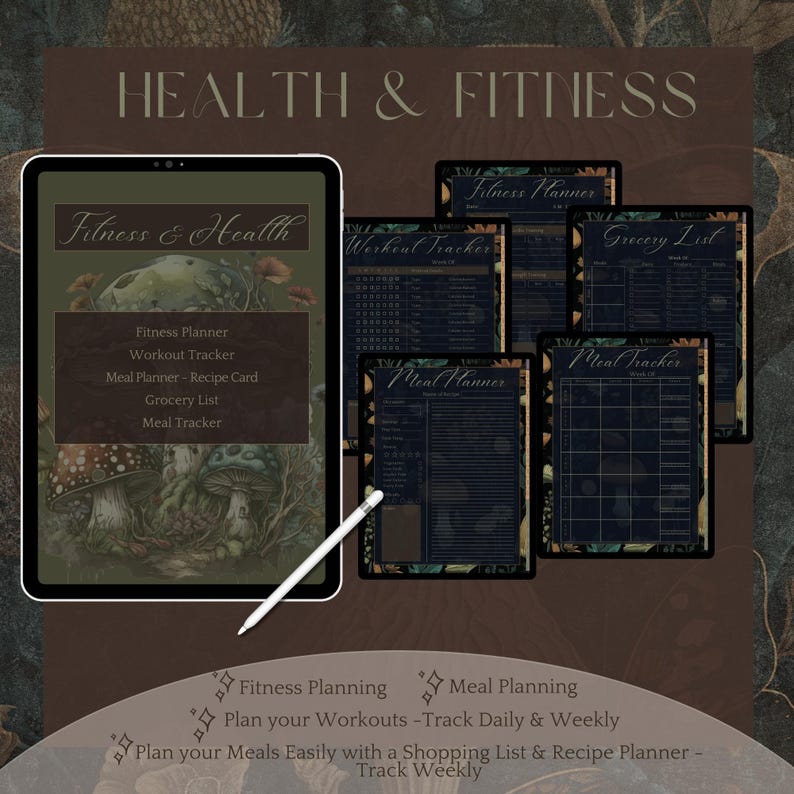 May include: A digital planner for health and fitness with a dark green background and mushroom illustrations. The planner includes sections for fitness planning, workout tracking, meal planning, recipe cards, grocery lists, and meal tracking.