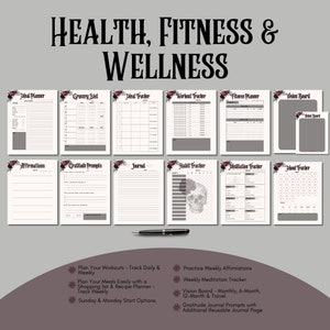 May include: A set of printable planner pages with a gothic aesthetic. The pages include a meal planner, grocery list, meal tracker, workout tracker, fitness planner, vision board, affirmations, gratitude prompts, journal, habit tracker, meditation tracker, and mood tracker. The pages feature a black and white skull graphic and floral accents.