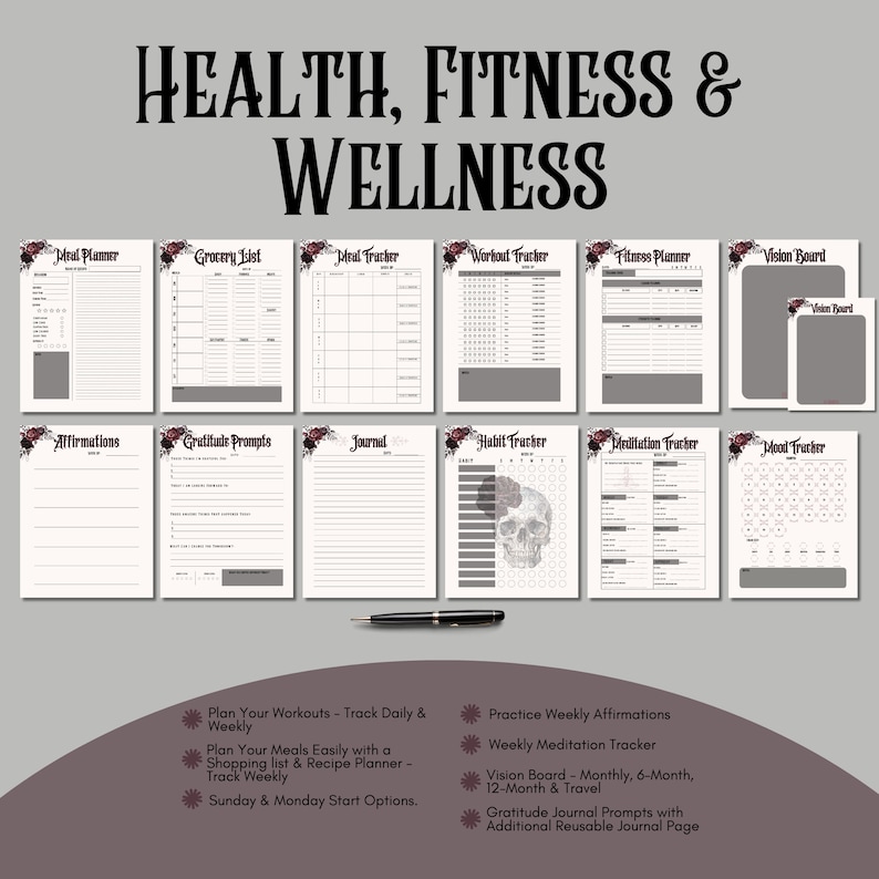 May include: A set of printable planner pages with a gothic aesthetic. The pages include a meal planner, grocery list, meal tracker, workout tracker, fitness planner, vision board, affirmations, gratitude prompts, journal, habit tracker, meditation tracker, and mood tracker. The pages feature a black and white skull graphic and floral accents.