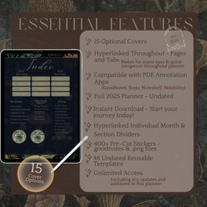 May include: A digital planner with a dark background and gold accents. The planner features a variety of sections, including wellness, fitness, and extras. The planner also includes 15 optional covers, hyperlinked pages and tabs, compatibility with PDF annotation apps, 400+ pre-cut stickers, 48 undated reusable templates, and unlimited access.