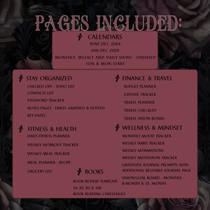 Może przedstawiać: R&oacute;żowo-biała grafika z tekstem "PAGES INCLUDED" w kolorze czarnym. Grafika zawiera listę r&oacute;żnych kategorii stron do wydrukowania do planera, w tym kalendarze, organizację, finanse i podr&oacute;że, fitness i zdrowie, zdrowie i nastr&oacute;j oraz książki.